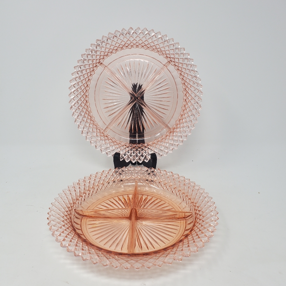 VTG Anchor Hocking Pink Depression Glass Miss America Divided Relish Dishes, 2
